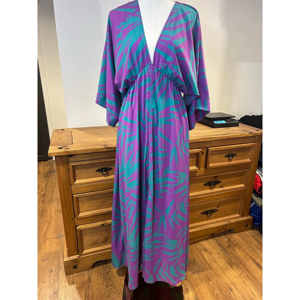Tyche Sz S maxi dress bold purple blue leaf print plunging neck Resort Beach